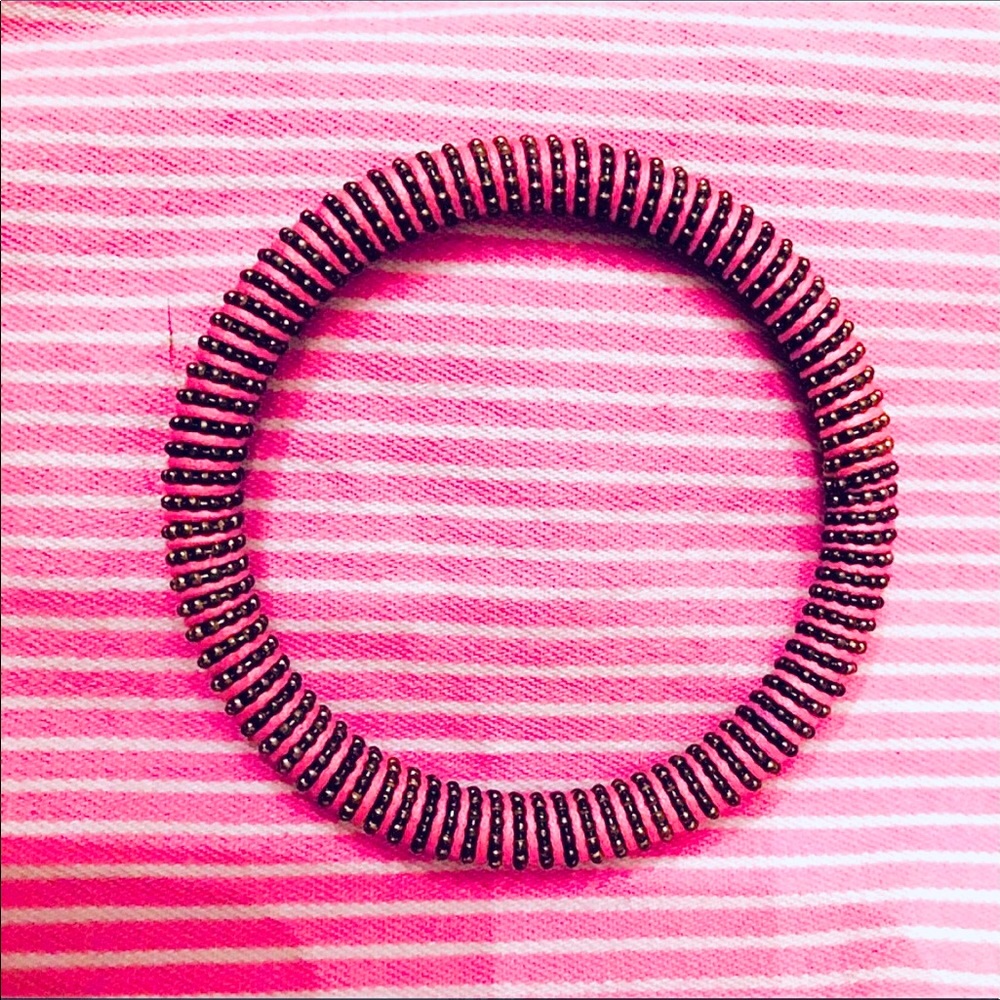 Bright Pink Tiny Silver Beaded Bangle Bracelet Vi… - image 1